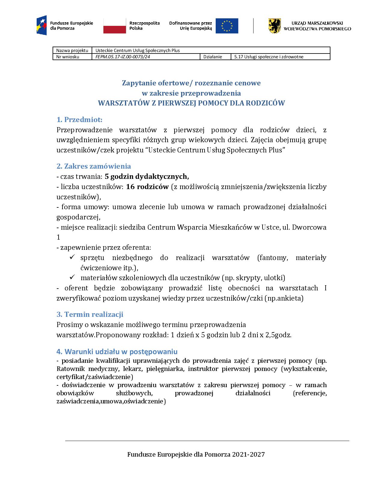 warunki dla prowadzącego warsztaty pierwszej pomocy dla rodziców flaha Polski logotypy UE 