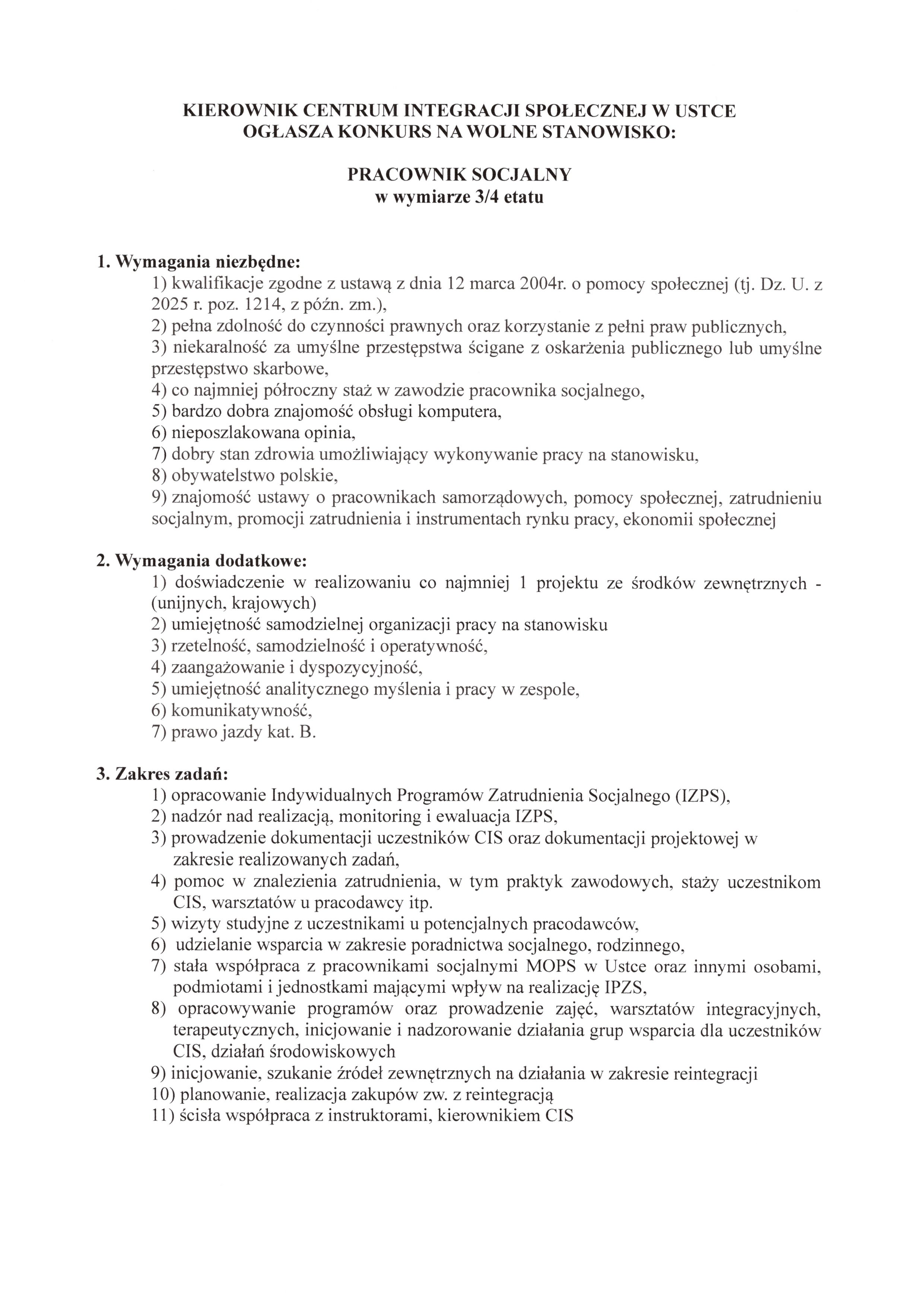 ogłoszenie treść dot naboru na pracownika do cis